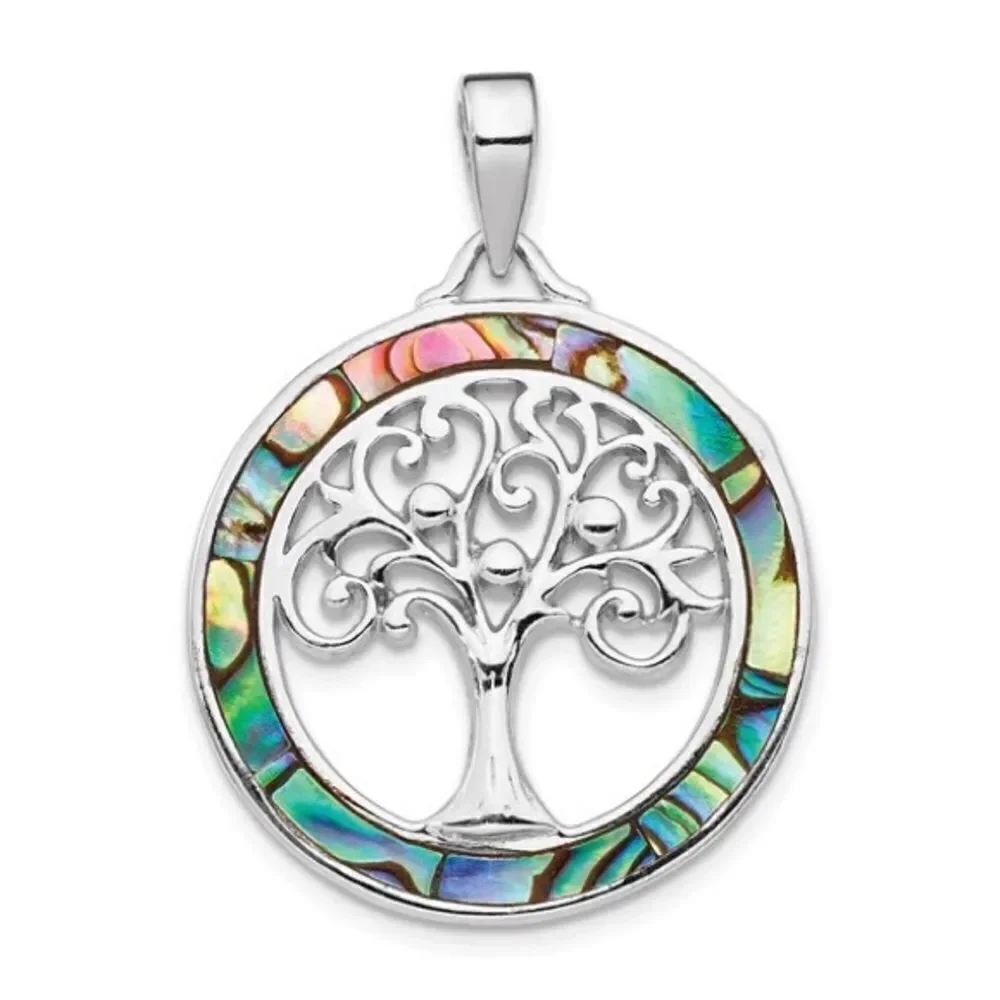 Sterling Silver Rhodium-plated Abalone Circle with Tree of Life Pendant - Picture 1 of 3